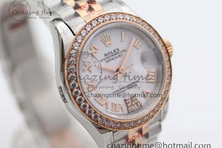 0121 Trendy Lady DateJust 28 SS RG TWF Diamonds Bezel 1:1 Best Edition White Dial Roman Markers on Jubilee Bracelet NH 2129